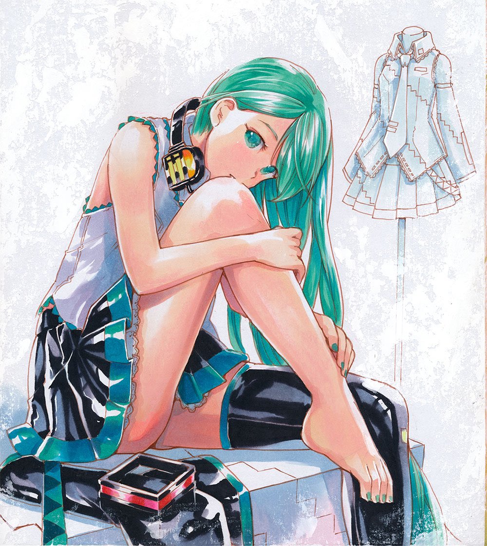 1girl alternate_hairstyle aqua_eyes aqua_hair aqua_nails bangs bare_arms bare_legs bare_shoulders barefoot black_legwear black_skirt blush feet_out_of_frame green_eyes green_hair grey_background hair_down hair_ornament_removed hatsune_miku headphones headphones_around_neck knee_up leaning_forward leg_hug long_hair looking_at_viewer mannequin mayo_riyo miniskirt nail_polish parted_lips single_thighhigh sitting skirt sleeveless sleeves_removed solo swept_bangs thigh-highs toenail_polish traditional_media vocaloid