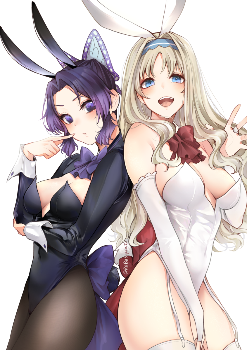 2girls :d animal_ears bare_shoulders black_legwear blonde_hair blue_eyes blush bow bowtie breasts bunny_girl bunnysuit darling_in_the_franxx elbow_gloves garter_straps gloves hair_ornament hairband highres kimetsu_no_yaiba kochou_shinobu kokoro_(darling_in_the_franxx) kyarotto_(zenkixd) long_hair multiple_girls open_mouth pantyhose purple_hair rabbit_ears simple_background smile teeth thigh-highs violet_eyes white_background white_gloves white_legwear