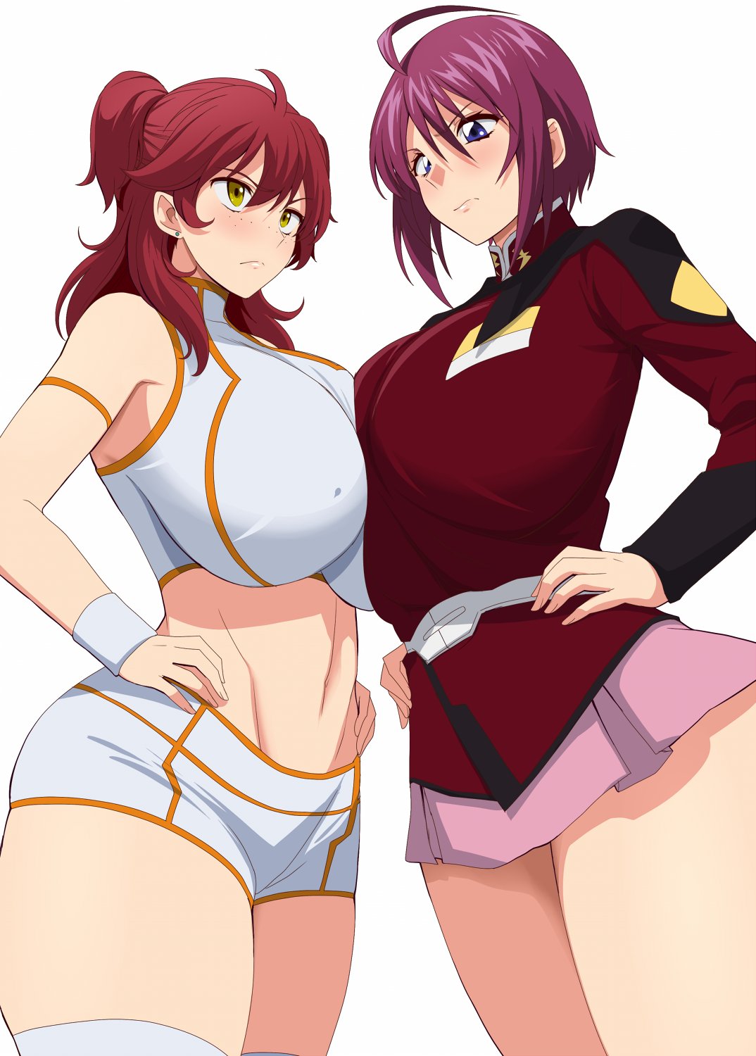 2girls ahoge alternate_breast_size annoyed asymmetrical_docking blue_eyes breast_press breasts gundam gundam_00 gundam_seed gundam_seed_destiny hands_on_hips highres huge_breasts kloah looking_down looking_up lunamaria_hawke midriff miniskirt multiple_girls navel nena_trinity redhead skirt thick_thighs thighs uniform white_background yellow_eyes