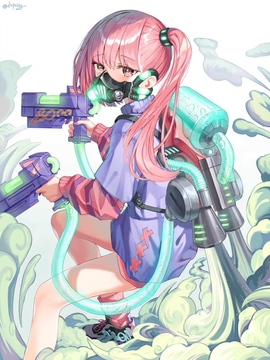 1girl artist_name bangs black_footwear blue_jacket blunt_bangs blush commentary dopoing dual_wielding eyebrows_visible_through_hair finger_on_trigger foot_out_of_frame from_behind from_side gas_mask gun hair_ornament hands_up highres holding holding_gun holding_weapon jacket jetpack long_hair long_sleeves looking_at_viewer mask mouth_mask multicolored_footwear neon_lights original pink_eyes pink_hair pink_legwear pink_nails pink_sweater shoes side_ponytail smoke socks solo striped striped_sweater sweater water_gun water_tank weapon white_background white_footwear