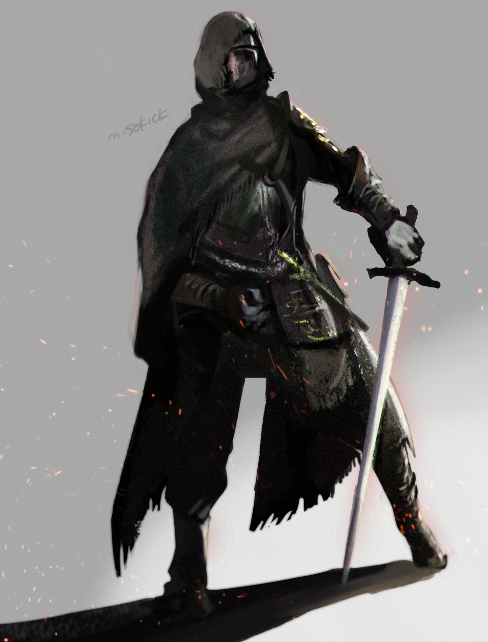 1other ambiguous_gender armor artist_name boots breastplate brown_cloak brown_footwear cloak commentary_request dark_souls_iii full_body grey_background helmet highres holding holding_sword holding_weapon hood hood_up miso_katsu pants shadow solo souls_(from_software) standing sword unsheathed weapon