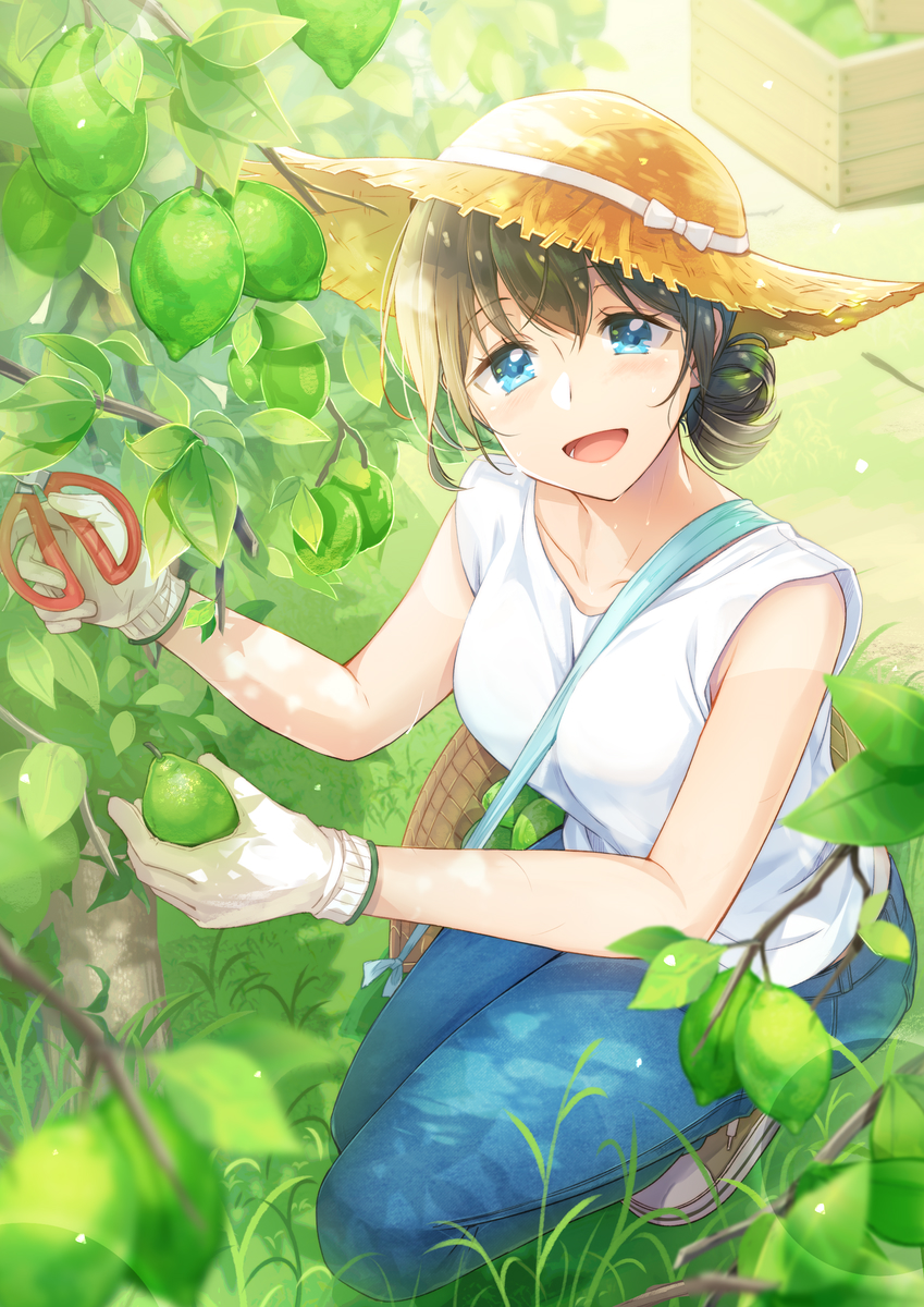 1girl :d bangs basket black_hair blue_eyes blue_pants blurry blurry_foreground blush brown_headwear collarbone commentary_request crate day denim depth_of_field eyebrows_visible_through_hair food fruit gloves hair_between_eyes hair_bun hat highres holding holding_food jeans lemon looking_at_viewer mono_lith open_mouth original outdoors pants scissors shirt sleeveless sleeveless_shirt smile solo squatting straw_hat white_gloves white_shirt