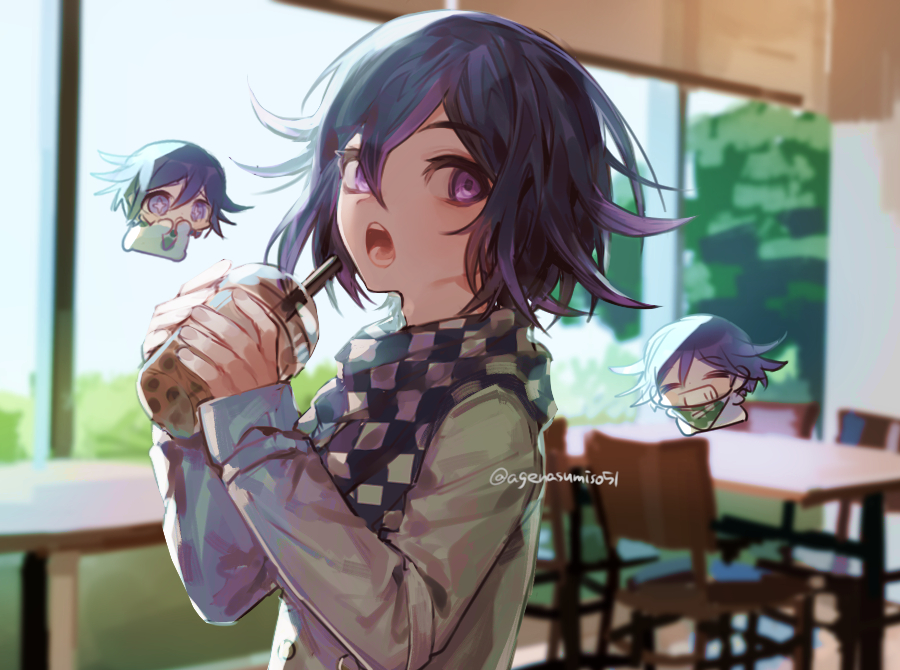 1boy agenasumiso51 blurry blurry_background bubble_tea chair checkered checkered_scarf closed_eyes cup dangan_ronpa disposable_cup drinking_straw grin hair_between_eyes holding indoors long_sleeves male_focus miniboy multiple_boys new_dangan_ronpa_v3 open_mouth ouma_kokichi purple_hair scarf smile straitjacket table violet_eyes
