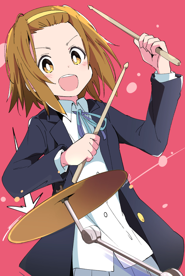 1girl blazer blue_neckwear blue_ribbon brown_hair drum drumsticks hairband instrument ixy jacket k-on! long_sleeves looking_at_viewer open_mouth red_background ribbon sakuragaoka_high_school_uniform school_uniform shirt short_hair simple_background solo tainaka_ritsu teeth upper_teeth white_shirt yellow_eyes yellow_hairband