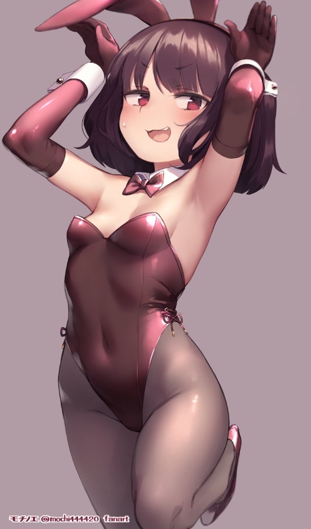 1girl :3 alternate_costume animal_ears arms_up bangs black_legwear blush bob_cut breasts bunny_pose bunnysuit covered_navel detached_collar elbow_gloves eyebrows_visible_through_hair fake_animal_ears fang gloves grey_background leg_up leotard mochi_(mochi444420) open_mouth pantyhose purple_hair rabbit_ears red_eyes red_footwear red_gloves red_legwear short_hair signature small_breasts solo sweat touhoku_kiritan twitter_username voiceroid wrist_cuffs