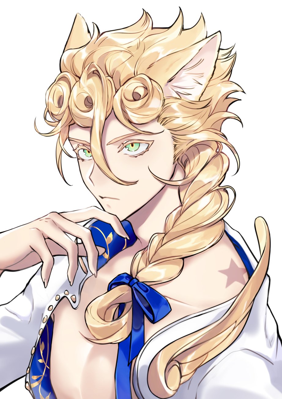 1boy adapted_costume animal_ear_fluff animal_ears birthmark bow braid cat_boy cat_ears center_opening chest chinese_commentary claws cleavage_cutout clip_studio_paint_(medium) closed_mouth commentary_request extra_ears giorno_giovanna green_eyes hair_between_eyes hair_bow hair_ribbon hand_up highres joestar_birthmark jojo_no_kimyou_na_bouken kemonomimi_mode male_focus pectorals ribbon simple_background single_braid solo studded symbol_commentary tiyi_(tiyi_a09) vento_aureo white_background