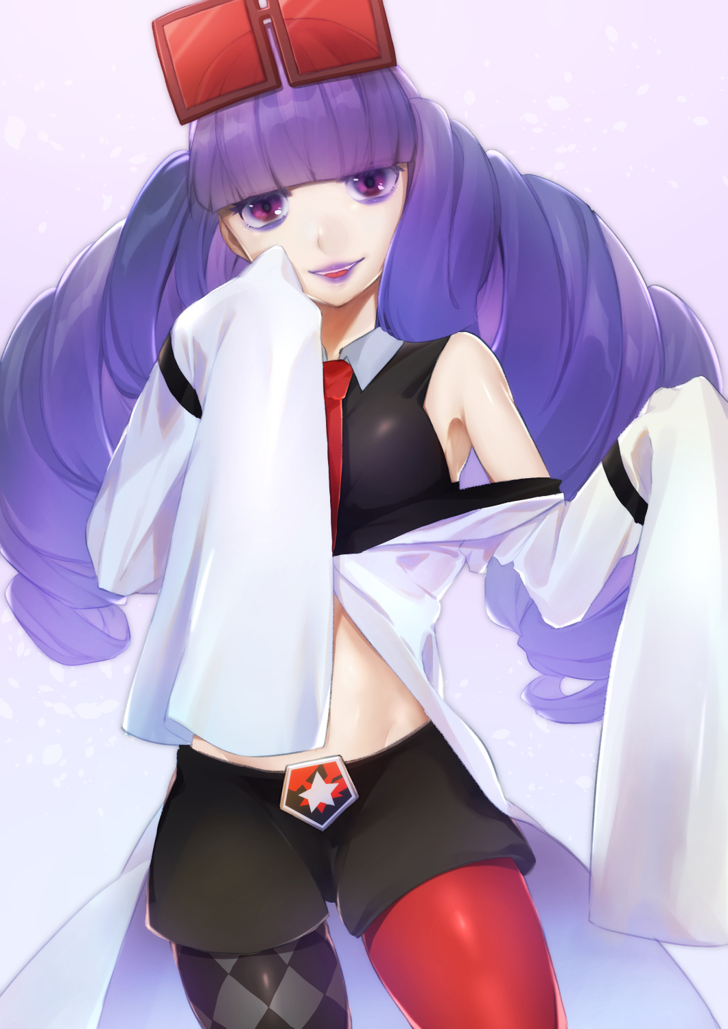 1girl argyle argyle_legwear bangs black_shorts blunt_bangs checkered checkered_legwear chetta_(pokemon) drill_hair eyewear_on_head highres lipstick long_hair looking_at_viewer makeup meru_(merumumu) mismatched_legwear necktie pantyhose pokemon pokemon_(game) pokemon_masters purple_hair purple_lipstick red_legwear red_neckwear shorts simple_background sleeves_past_fingers sleeves_past_wrists solo standing twin_drills violet_eyes white_background