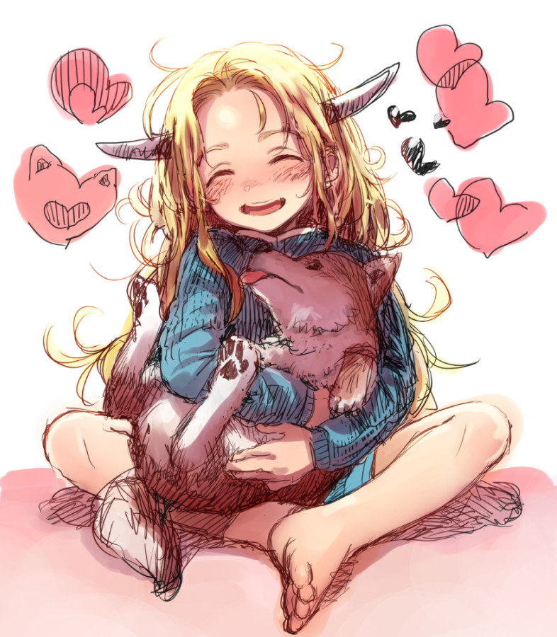 1girl :d animal barefoot blonde_hair blue_sweater blush bosako_(haguhagu) dog facing_viewer full_body haguhagu_(rinjuu_circus) head_tilt heart holding holding_animal holding_dog horns indian_style long_hair open_mouth original shiba_inu sitting smile solo sweater