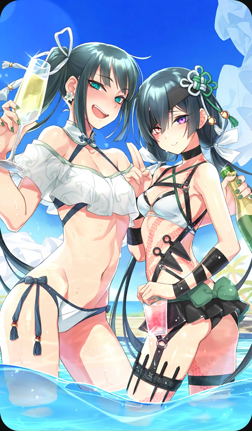 2girls :d alcohol alternate_hairstyle aqua_eyes back_bow bikini black_bikini black_bow black_hair black_neckwear blush bottle bow choker closed_mouth cowboy_shot craft_essence cup drinking_glass drunk fate/grand_order fate_(series) fingernails green_bow green_nails hair_bow heterochromia jing_ke_(fate/grand_order) kunai long_hair looking_at_viewer low_twintails mochizuki_chiyome_(fate/grand_order) multiple_girls official_art open_mouth ponytail saitou_hiroki side-tie_bikini sky smile snake_tattoo standing swimsuit twintails violet_eyes water water_shine weapon white_bikini white_bow wine_bottle yellow_eyes