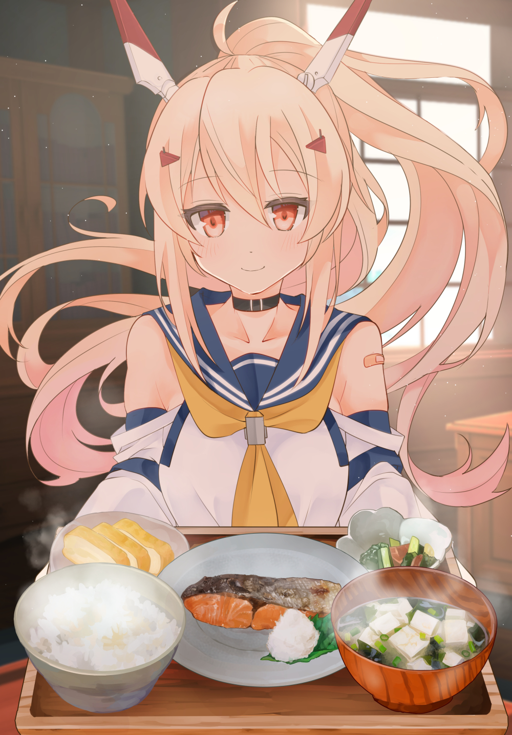 1girl ascot ayanami_(azur_lane) azur_lane bandaid bandaid_on_arm blonde_hair blurry bowl cafeteria carrying choker collarbone commentary_request depth_of_field detached_sleeves fish food hair_ornament hairclip headgear highres long_hair looking_at_viewer omelet orange_eyes pickle ponytail retrofit_(azur_lane) rice rice_bowl saekiya_sabou school_uniform serafuku smile solo steam table tamagoyaki tofu tray window