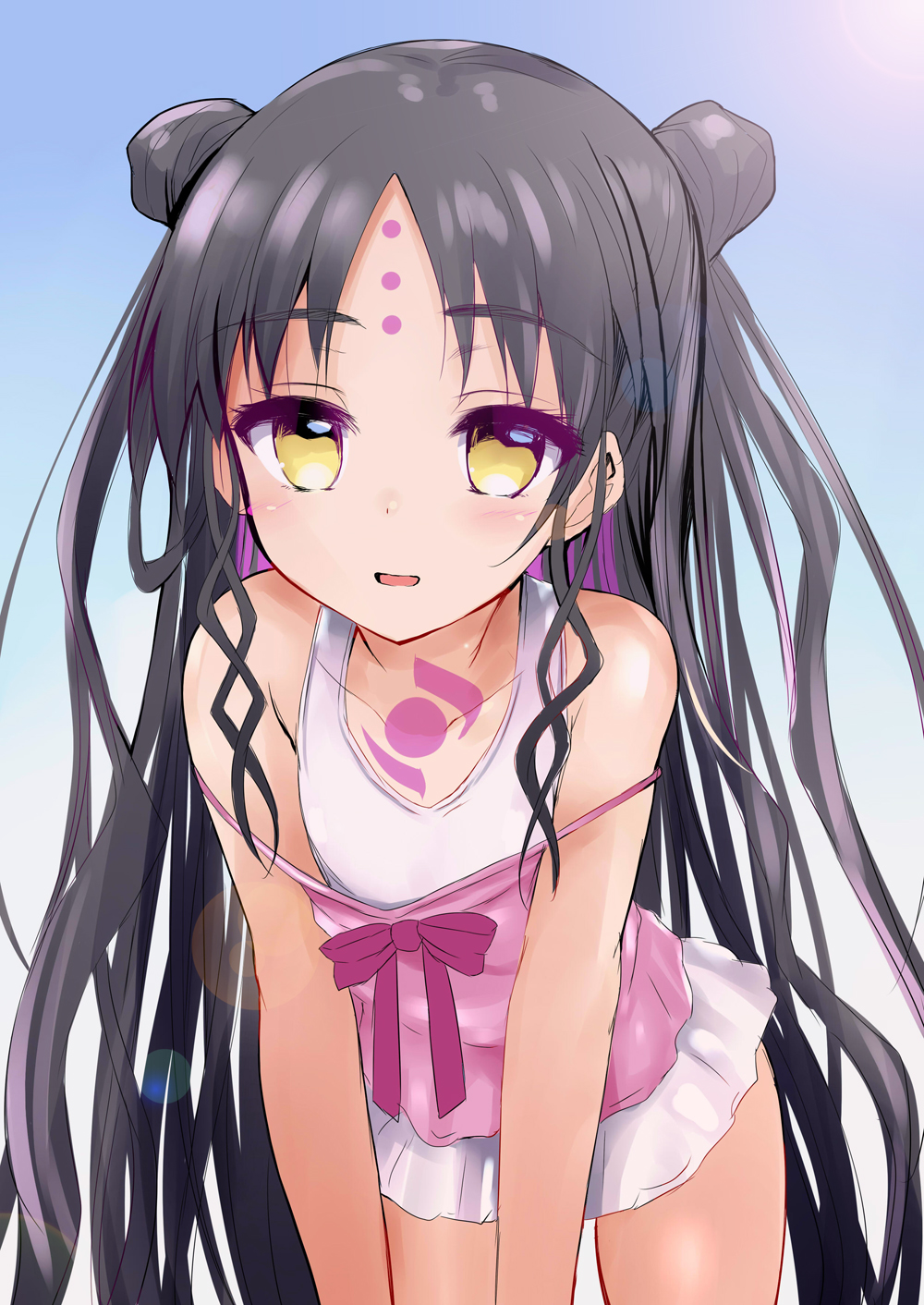 1girl black_hair brown_eyes camisole double_bun facial_mark fate/grand_order fate_(series) forehead_mark hair_bun highres leaning_forward long_hair looking_at_viewer no_pants off_shoulder one-piece_swimsuit open_mouth pink_camisole sen_(astronomy) sesshouin_kiara sesshouin_kiara_(swimsuit_mooncancer)_(fate) smile solo strap_slip swimsuit swimsuit_under_clothes thighs very_long_hair white_swimsuit