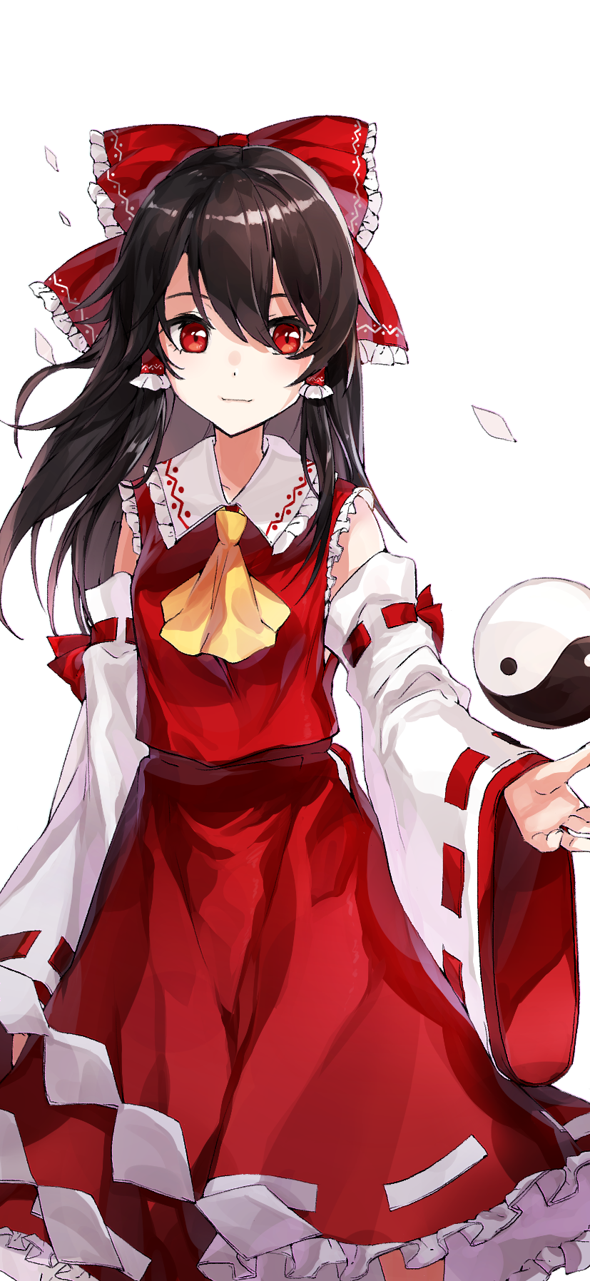 1girl arm_garter ascot bangs black_hair bow brown_hair closed_eyes collared_shirt commentary_request cowboy_shot floating_hair foglen_(pwodl) frilled_bow frilled_shirt frilled_shirt_collar frilled_skirt frills hair_between_eyes hair_bow hair_tubes hakurei_reimu highres long_hair long_skirt long_sleeves outstretched_hand partial_commentary red_bow red_eyes red_ribbon red_shirt red_sleeves ribbon ribbon-trimmed_skirt ribbon-trimmed_sleeves ribbon_trim shirt sidelocks simple_background skirt skirt_set sleeveless sleeveless_shirt solo touhou transparent_background two-sided_fabric white_ribbon white_sleeves wide_sleeves wind yellow_neckwear yin_yang_orb