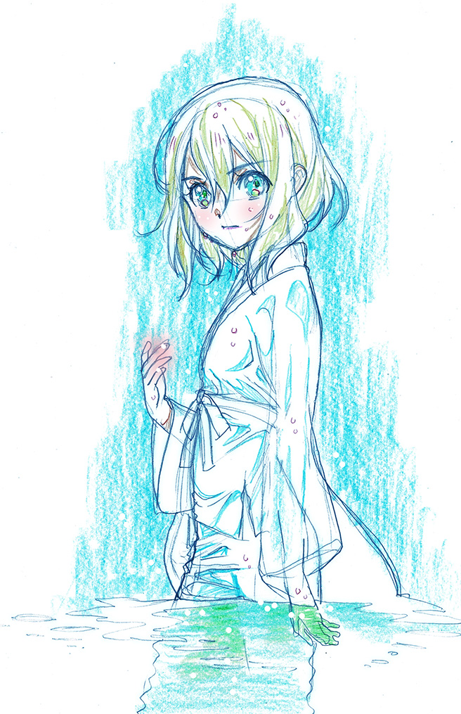 1girl bangs commentary_request eyebrows_visible_through_hair flat_chest green_eyes green_hair gundam gundam_build_divers gundam_build_divers_re:rise japanese_clothes long_sleeves looking_at_viewer mukai_hinata nishida_asako official_art partially_submerged production_art serious short_hair sidelocks solo traditional_media wet wet_clothes wet_hair