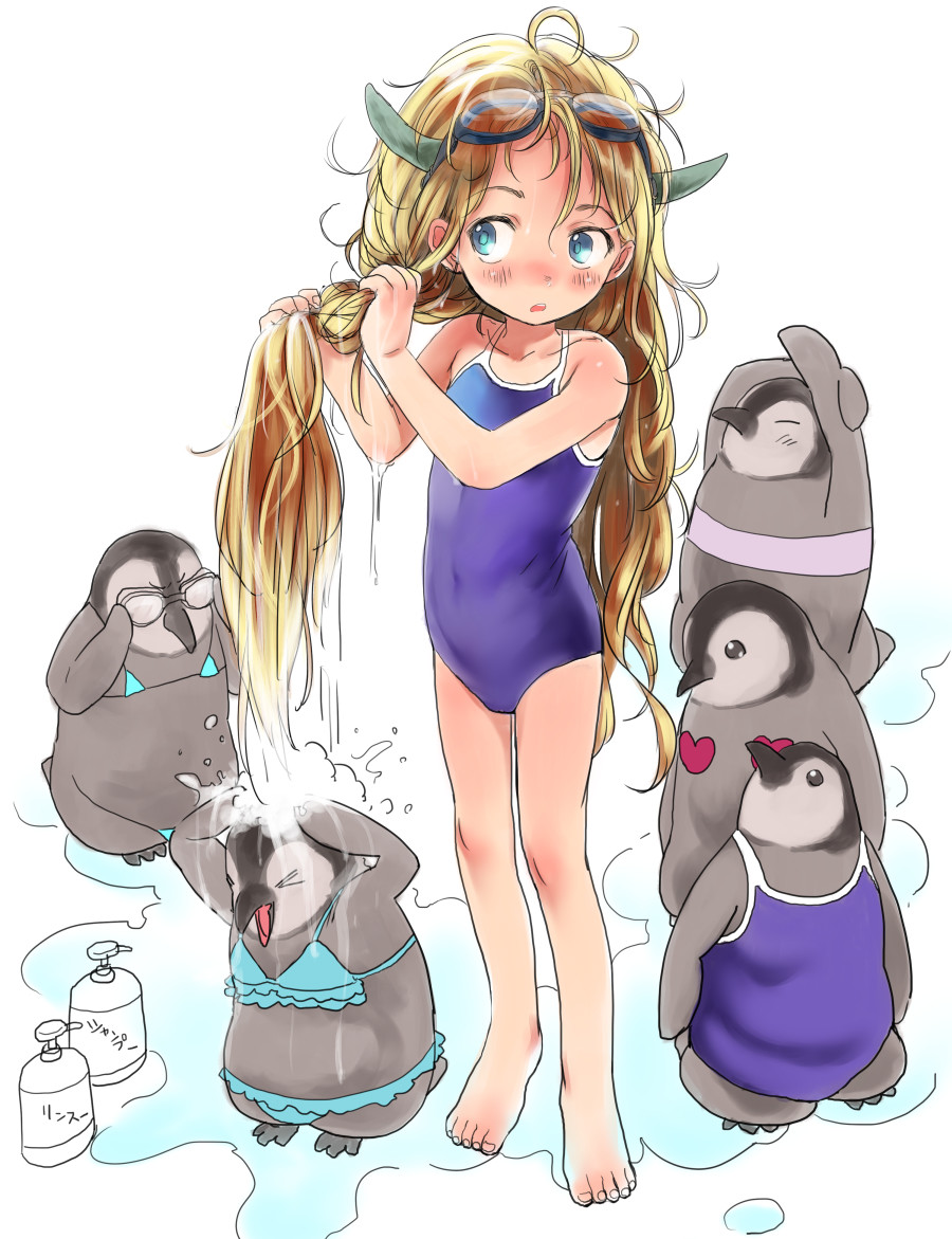 &gt;_&lt; 1girl ahoge animal bare_arms bare_legs bare_shoulders barefoot bird blonde_hair blue_eyes blush bosako_(haguhagu) clothed_animal competition_school_swimsuit fingernails goggles goggles_on_head haguhagu_(rinjuu_circus) long_hair messy_hair one-piece_swimsuit open_mouth original parted_lips penguin purple_swimsuit school_swimsuit shampoo_bottle simple_background solo standing swimsuit very_long_hair wet wet_hair white_background wringing_hair