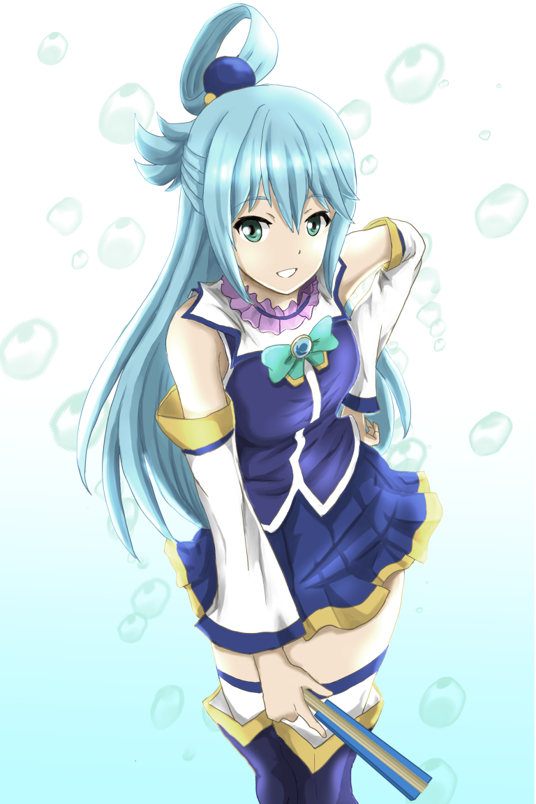 1girl aqua_(konosuba) bangs blue_footwear blue_hair blue_shirt blue_skirt boots breasts choker detached_sleeves dress_shirt eyebrows_visible_through_hair floating_hair green_eyes green_neckwear grin hair_between_eyes hand_on_hip kono_subarashii_sekai_ni_shukufuku_wo! leaning_forward long_hair long_sleeves looking_at_viewer medium_breasts miniskirt pasopy pink_choker pleated_skirt shiny shiny_hair shirt skirt sleeveless sleeveless_shirt smile solo standing thigh-highs thigh_boots very_long_hair white_background white_legwear white_sleeves zettai_ryouiki