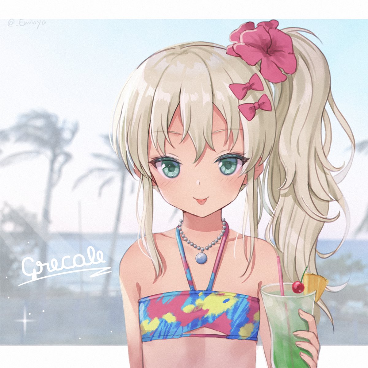 1girl bangs bikini blonde_hair blush character_name cup drinking_straw emia_wang eyebrows_visible_through_hair flower grecale_(kantai_collection) green_eyes hair_flower hair_ornament hibiscus highres holding holding_cup jewelry kantai_collection long_hair multicolored multicolored_bikini multicolored_clothes necklace palm_tree pink_flower ponytail ribbon side_ponytail solo swimsuit tongue tongue_out tree twitter_username upper_body