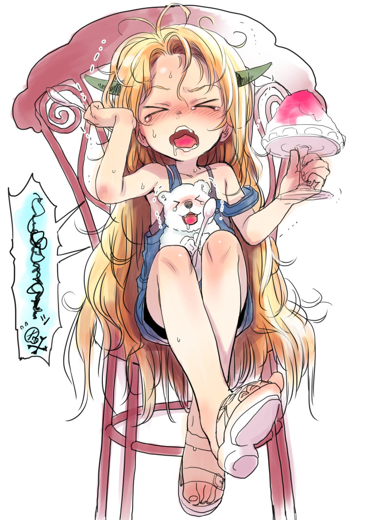 &gt;_&lt; bare_arms bare_shoulders bear blonde_hair blue_overalls blush bosako_(haguhagu) brain_freeze chair crossed_legs facing_viewer food haguhagu_(rinjuu_circus) holding holding_spoon horns ice_cream long_hair open_mouth original overalls polar_bear saliva saliva_trail sandals simple_background sitting spoken_skull spoken_squiggle spoon squiggle strap_slip tears trembling very_long_hair white_background