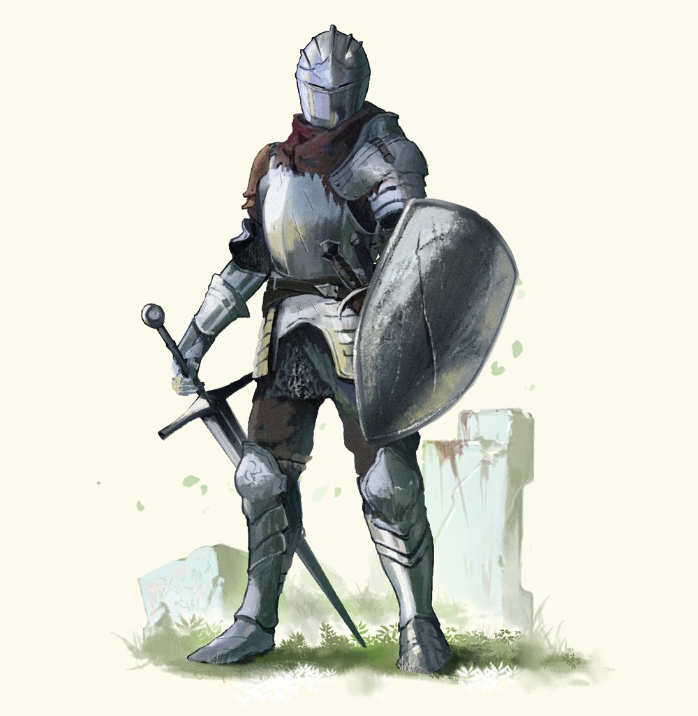 1other ambiguous_gender armor boots breastplate commentary_request full_armor full_body gauntlets grass greaves helm helmet holding holding_shield holding_sword holding_weapon knight legs_apart looking_at_viewer miso_katsu original pauldrons shield shoulder_armor solo spaulders standing sword weapon