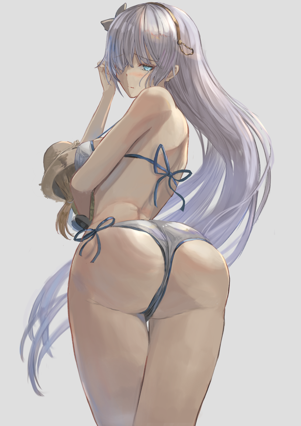 1girl anastasia_(fate/grand_order) ass back bangs bare_shoulders bikini blue_eyes blush breasts closed_mouth doll fate/grand_order fate_(series) hair_over_one_eye hairband highres holding holding_doll large_breasts long_hair looking_at_viewer looking_back silver_hair simple_background swimsuit thighs uutan_(shibainu_kakumei) viy white_bikini