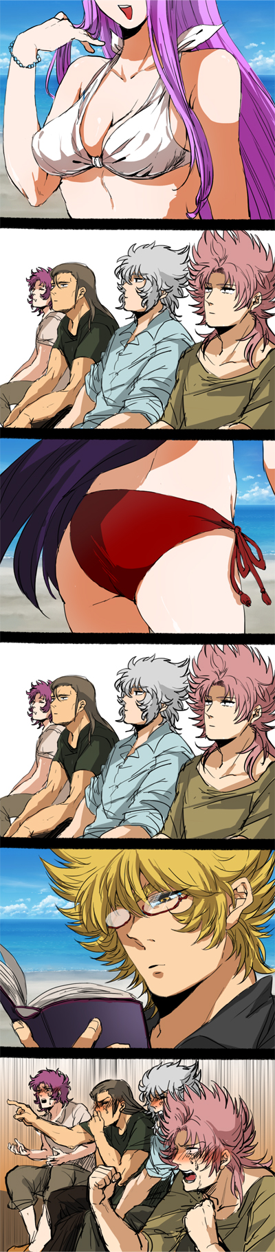 2girls 4koma alraune_queen athena_(saint_seiya) beach breasts butt casual harpy_valentine head_out_of_frame kido_saori meme minotauros_gordon multiple_boys pandora_(saint_seiya) parody purple_hair saint_seiya wyvern_radamanthys