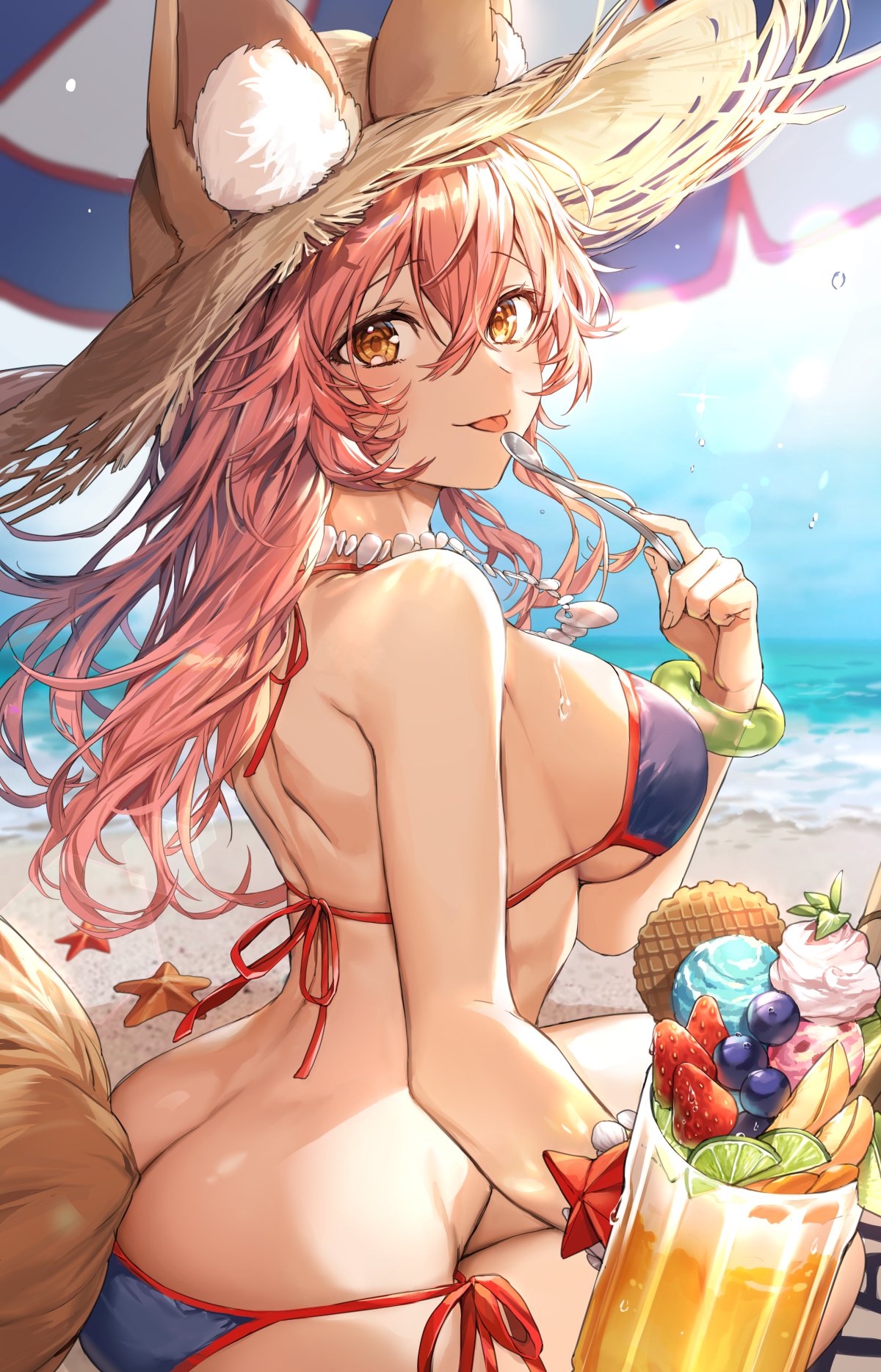 1girl :p animal_ear_fluff animal_ears bangle bangs beach bikini blue_bikini blush bracelet breasts butt_crack day ears_through_headwear fate/grand_order fate_(series) food fox_ears fox_tail hair_between_eyes hat highres holding holding_spoon ice_cream jewelry large_breasts long_hair looking_at_viewer outdoors pillo pink_hair side-tie_bikini sitting smile solo spoon straw_hat sun_hat sundae swimsuit tail tamamo_(fate)_(all) tamamo_no_mae_(fate) tamamo_no_mae_(swimsuit_lancer)_(fate) tongue tongue_out yellow_eyes