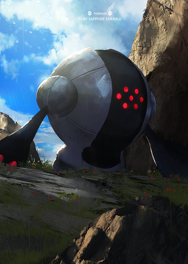 clouds commentary_request copyright_name day gen_3_pokemon grass legendary_pokemon no_humans otsumami_(bu-bu-heaven) outdoors pokemon pokemon_(creature) registeel rock shade shiny sky solo