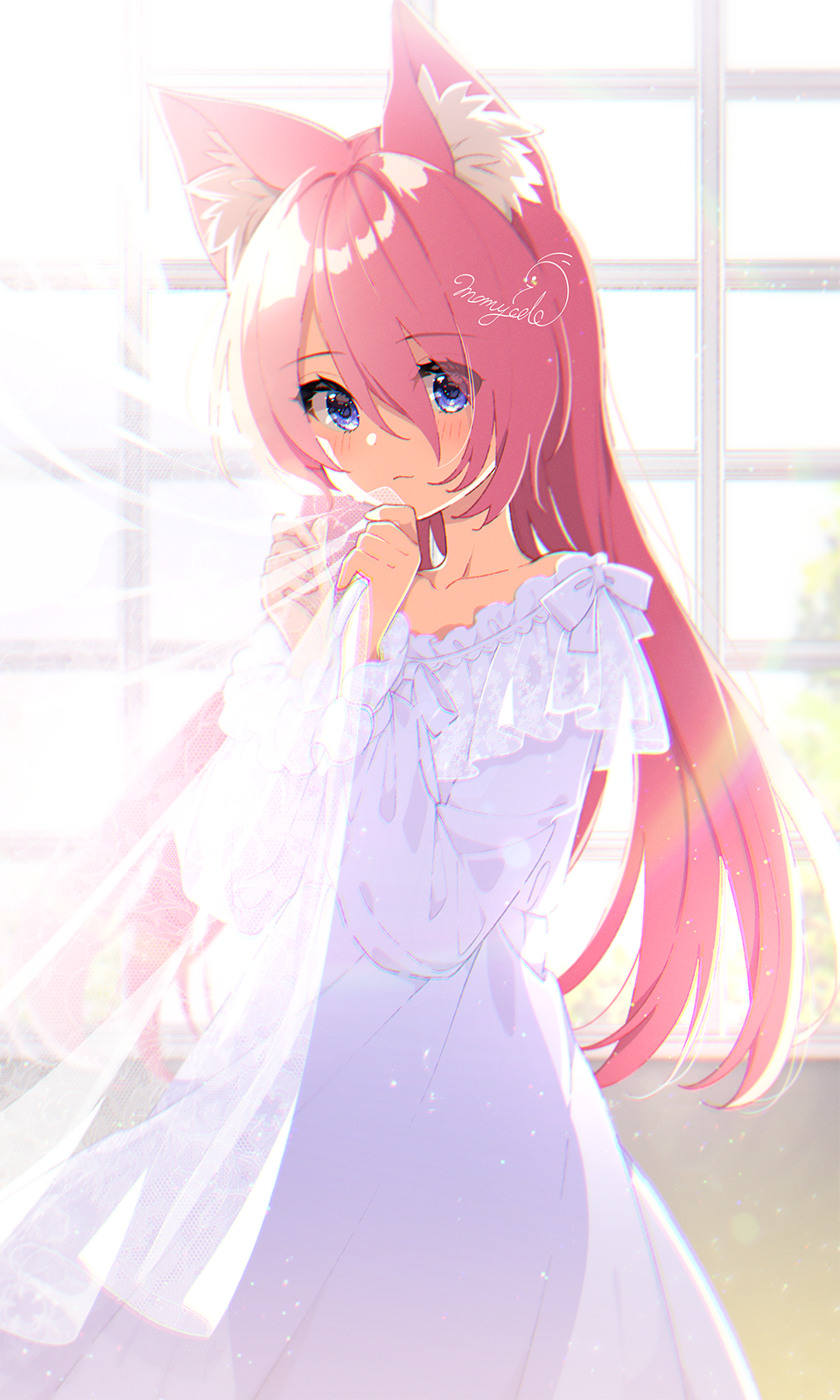 1girl animal_ear_fluff blue_eyes commission curtains highres light_smile long_hair long_sleeves mamyouda nightgown pink_hair see-through_silhouette signature sunlight vrchat window