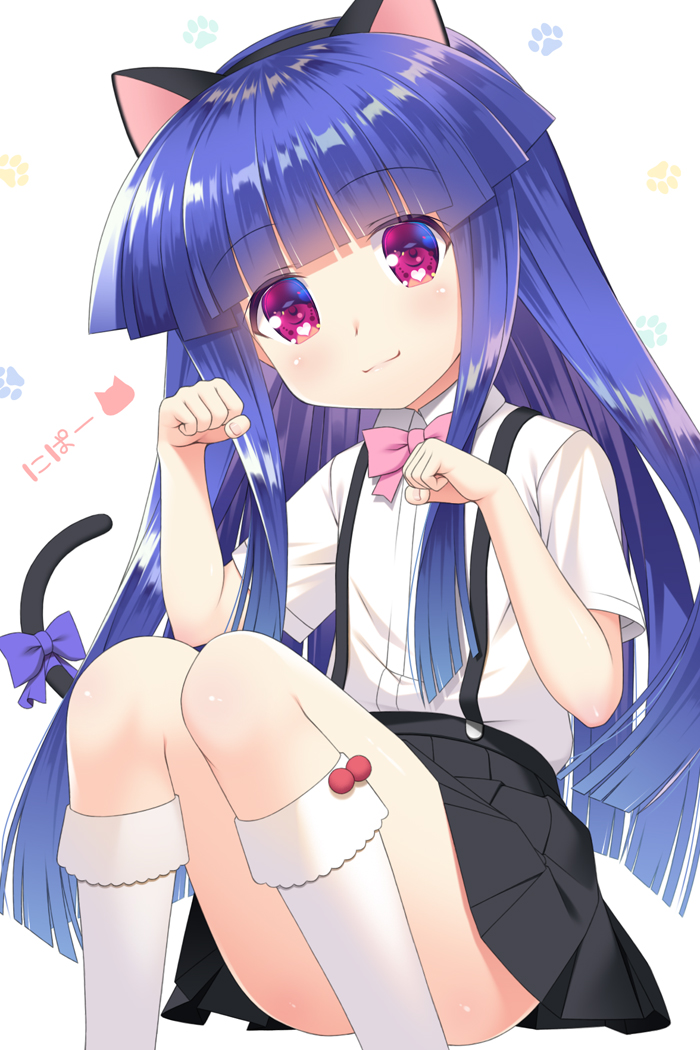 1girl animal_ears bangs black_hairband black_skirt blue_hair blunt_bangs blush bow cat_ears cat_tail closed_mouth collared_shirt commentary_request dress_shirt eyebrows_visible_through_hair fake_animal_ears furude_rika gaou hairband hands_up head_tilt heart heart_in_eye higurashi_no_naku_koro_ni kneehighs knees_up long_hair paw_pose pink_bow pleated_skirt purple_bow red_eyes shirt short_sleeves skirt smile solo suspender_skirt suspenders symbol_in_eye tail tail_bow translation_request very_long_hair white_background white_legwear white_shirt