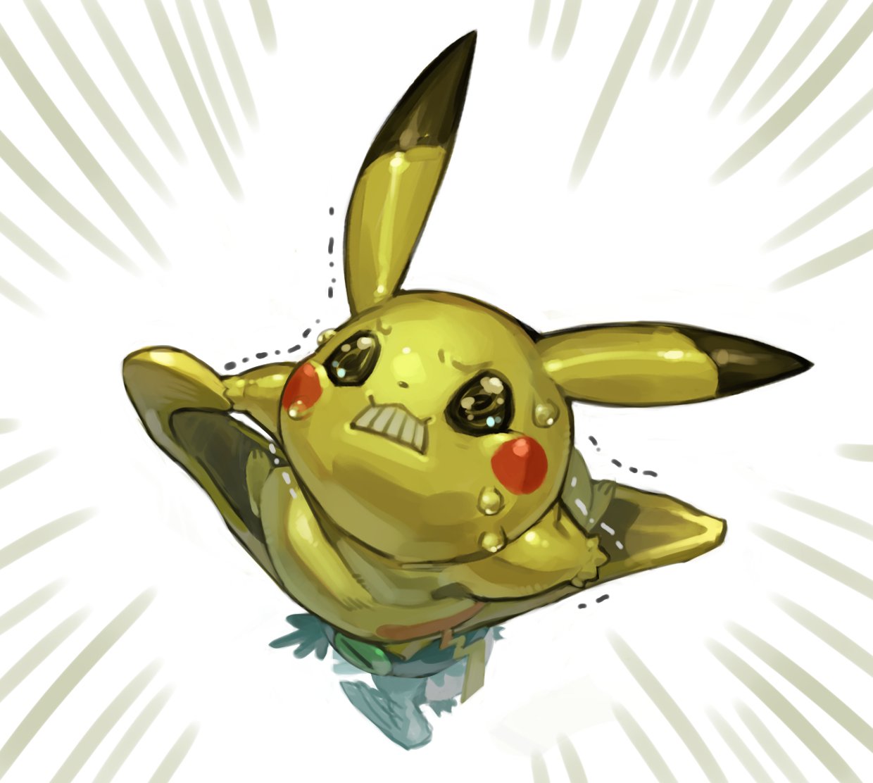 black_eyes blush_stickers clenched_teeth cramorant creature emphasis_lines gen_1_pokemon gen_8_pokemon green_eyes no_humans open_mouth pikachu pokemon pokemon_(creature) swallowing sweat tapioka_chaso teeth trembling