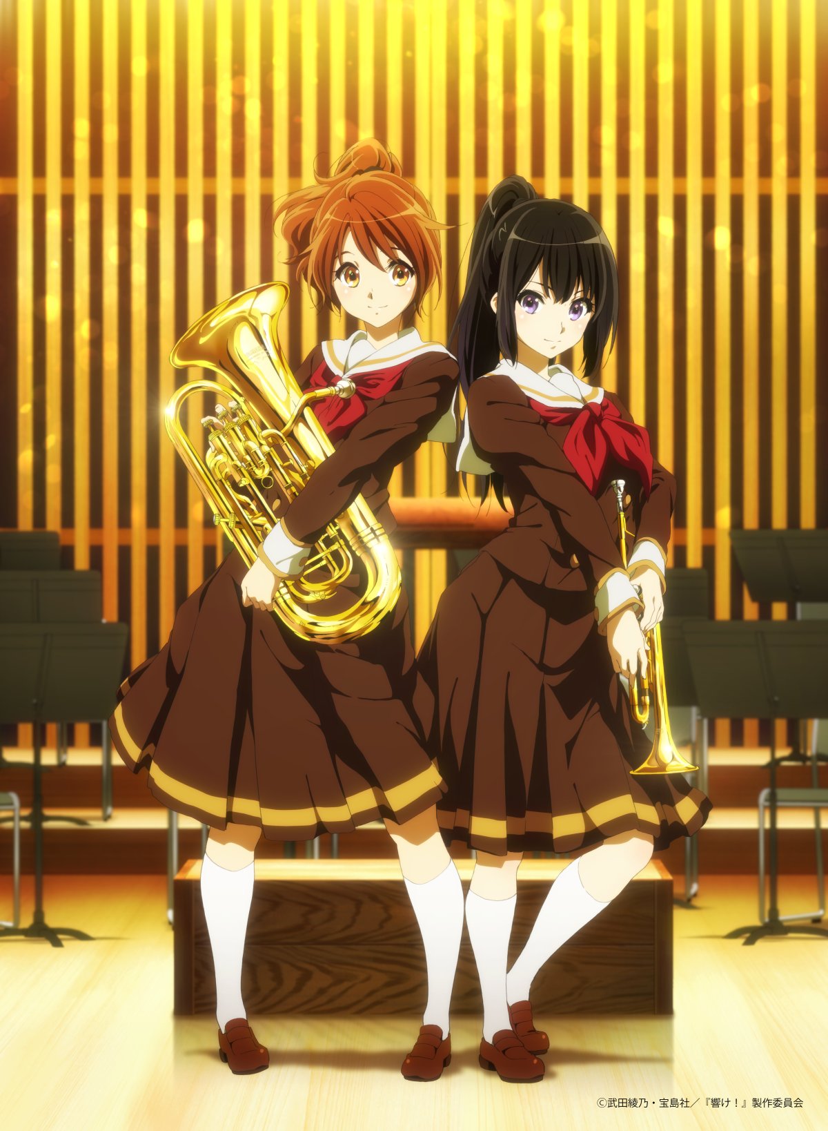 2girls artist_name blush brown_eyes brown_footwear brown_hair brown_shirt brown_skirt closed_mouth commentary_request euphonium full_body hibike!_euphonium highres holding holding_instrument instrument kneehighs kousaka_reina loafers long_hair long_sleeves looking_at_viewer medium_skirt multiple_girls neckerchief official_art oumae_kumiko ponytail red_neckwear sailor_collar shirt shoes short_hair short_ponytail sidelocks skirt smile standing trumpet violet_eyes white_legwear white_sailor_collar