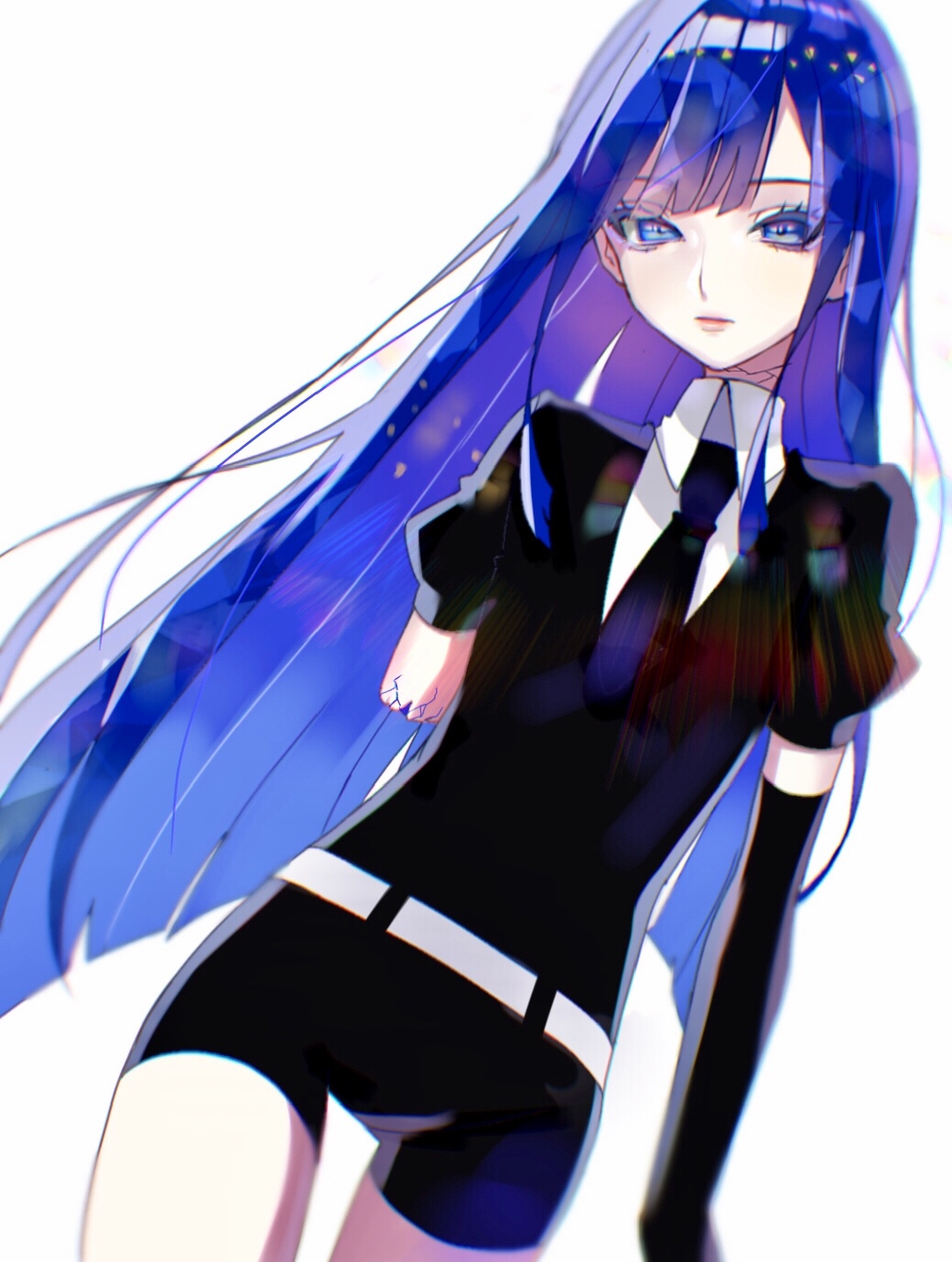 1other amputee black_neckwear black_shorts blue_hair collared_shirt crack cracked crystal_hair daluto_(hitomi555) gem_uniform_(houseki_no_kuni) highres houseki_no_kuni lapis_lazuli_(houseki_no_kuni) long_hair looking_at_viewer missing_limb necktie puffy_short_sleeves puffy_sleeves shirt short_shorts short_sleeves shorts simple_background white_background white_shirt