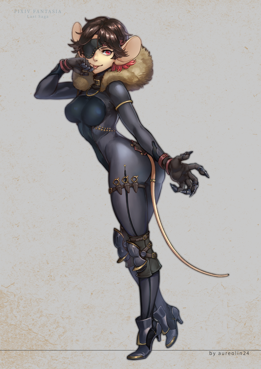 1girl aldera_(pixiv_fantasia_last_saga) animal_ears artist_name ass aureolin31 black_bodysuit bodysuit brown_hair claws copyright_name eyepatch full_body fur_scarf gradient_hair high_heels highres knee_pads knife mouse_ears mouse_girl mouse_tail multicolored_hair pixiv_fantasia pixiv_fantasia_last_saga red_eyes redhead simple_background solo standing tail throwing_knife tongue tongue_out weapon