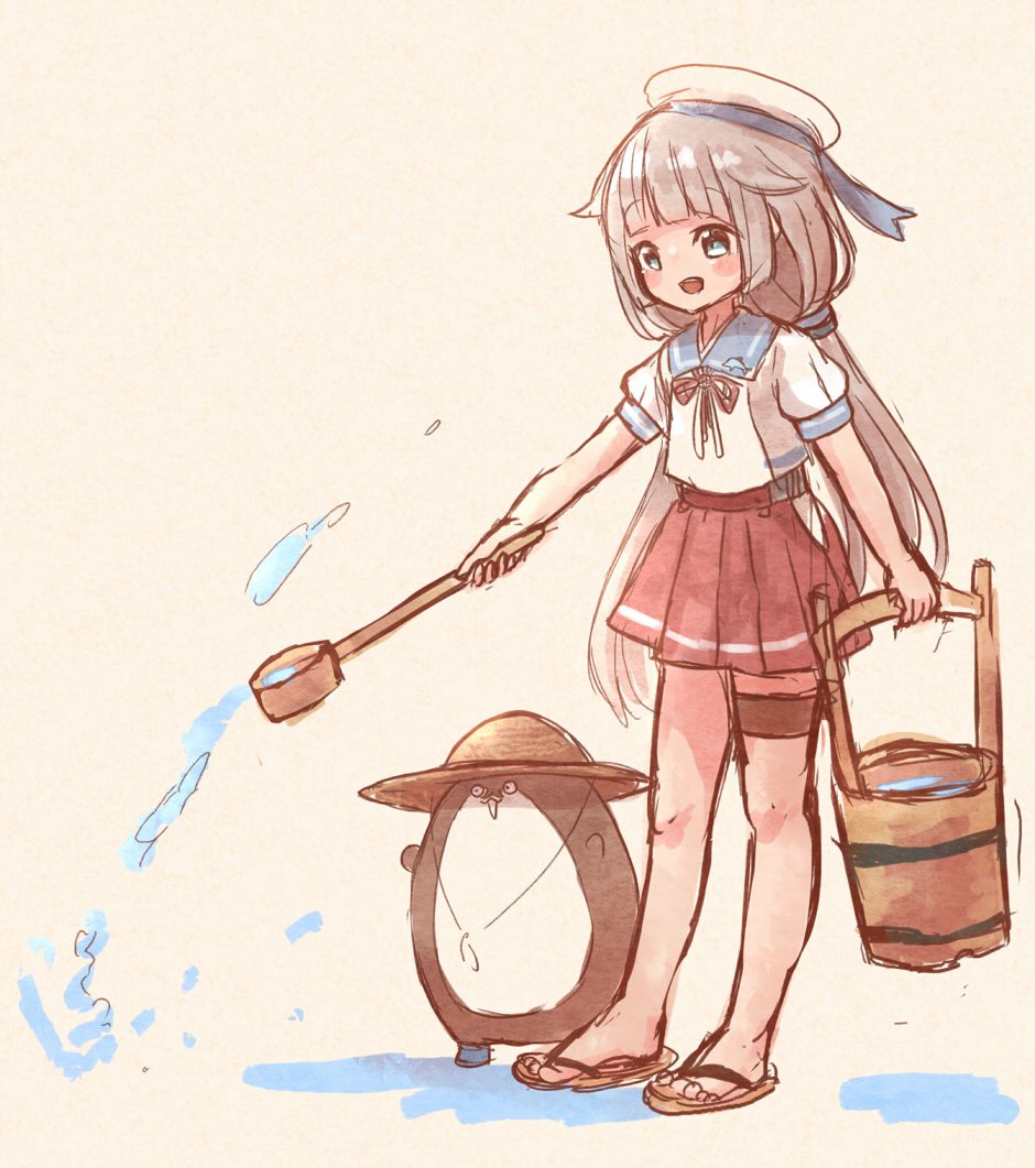 1girl beige_background blue_sailor_collar bokukawauso bucket commentary_request green_eyes grey_hair hat kantai_collection ladle long_hair low_twintails mikura_(kantai_collection) otter pleated_skirt puffy_short_sleeves puffy_sleeves red_skirt sailor_collar sailor_hat sailor_shirt sandals shirt short_sleeves simple_background skirt standing twintails water white_headwear white_shirt wss_(nicoseiga19993411)