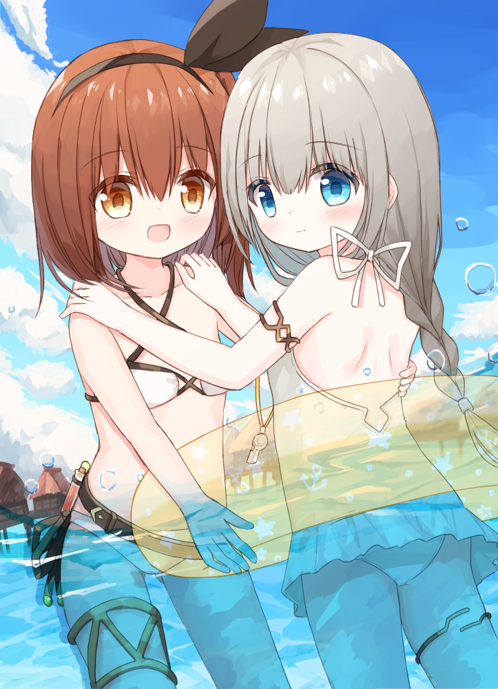 2girls :d ass bare_arms bare_shoulders bikini black_hairband black_ribbon blue_eyes blush braid brown_eyes brown_hair closed_mouth criss-cross_halter day frilled_swimsuit frills grey_hair hair_ribbon hairband halterneck hands_on_another's_shoulders healer_girl_(yuuhagi_(amaretto-no-natsu)) innertube long_hair lucena_winter multiple_girls one-piece_swimsuit open_mouth original outdoors ribbon smile swimsuit transparent very_long_hair water wavy_mouth white_bikini white_swimsuit yuuhagi_(amaretto-no-natsu)