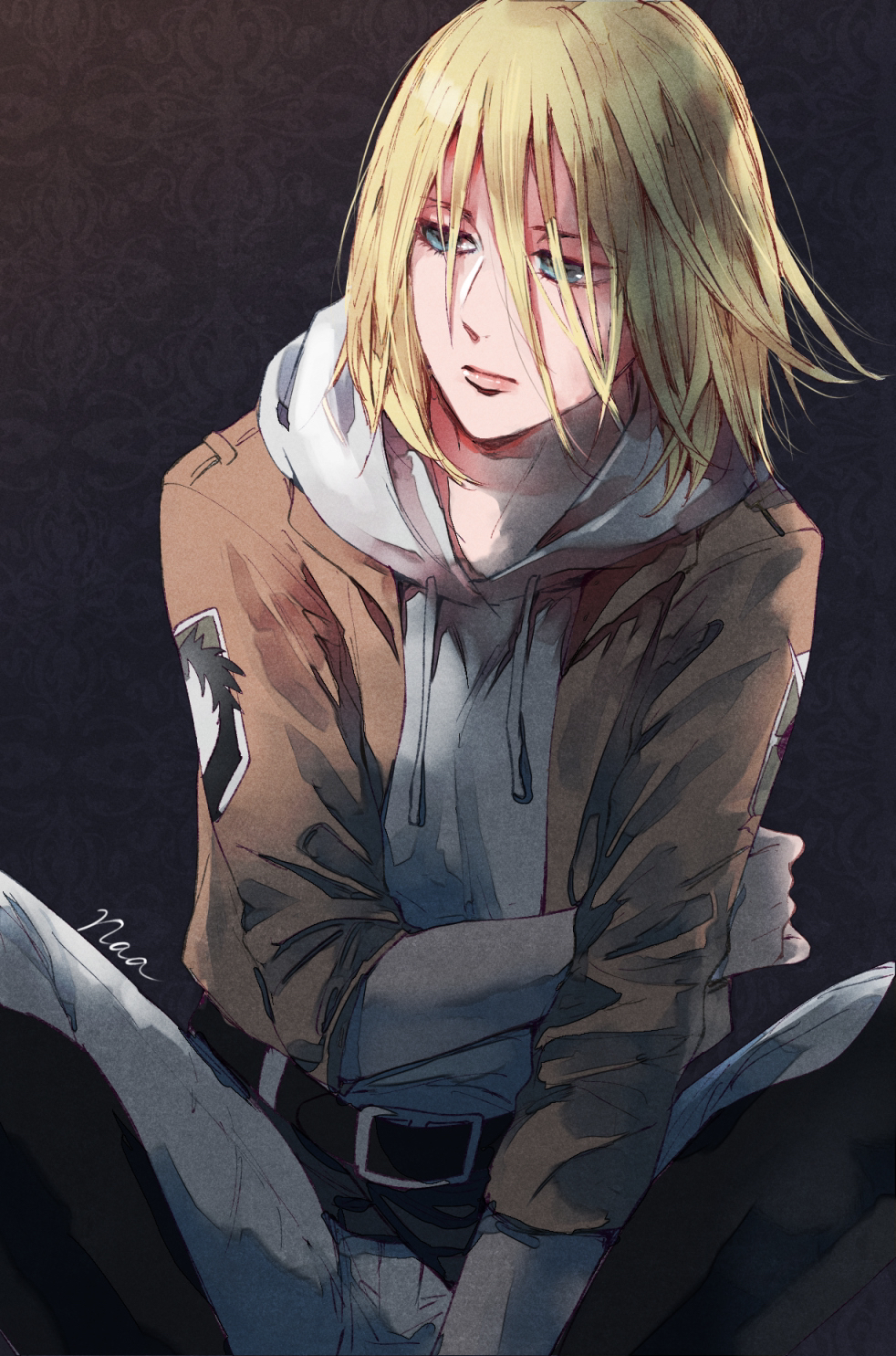 1girl annie_leonhardt bangs belt belt_buckle black_belt blonde_hair blue_eyes brown_jacket buckle closed_mouth hair_between_eyes highres hood hood_down hooded_sweater jacket long_sleeves medium_hair open_clothes open_jacket pants sakuragawanaa shingeki_no_kyojin shiny shiny_hair sitting solo sweater white_pants white_sweater