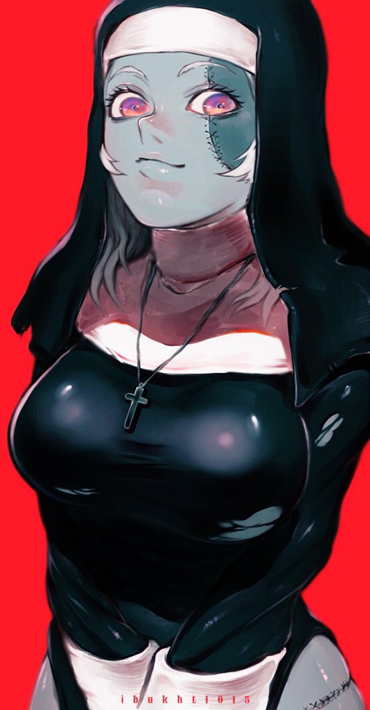 1girl artist_name breasts commentary_request cross cross_necklace habit ibuo_(ibukht1015) jewelry large_breasts long_hair long_sleeves looking_at_viewer necklace nun original red_background simple_background smile solo stitched_face stitches v_arms white_hair zombie