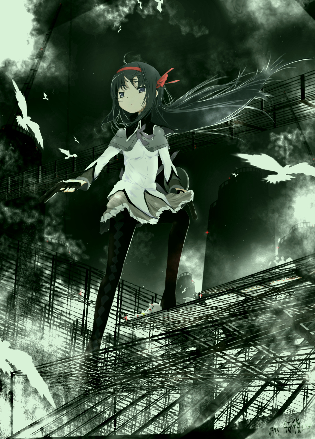 1girl abstract_background akemi_homura bird black_hair black_legwear commentary_request dress dual_wielding expressionless fog full_body gun hair_ribbon handgun highres holding holding_gun holding_weapon industrial kyubey long_hair magical_girl mahou_shoujo_madoka_magica pantyhose pistol red_ribbon ribbon sengoku_chidori silhouette very_long_hair violet_eyes weapon