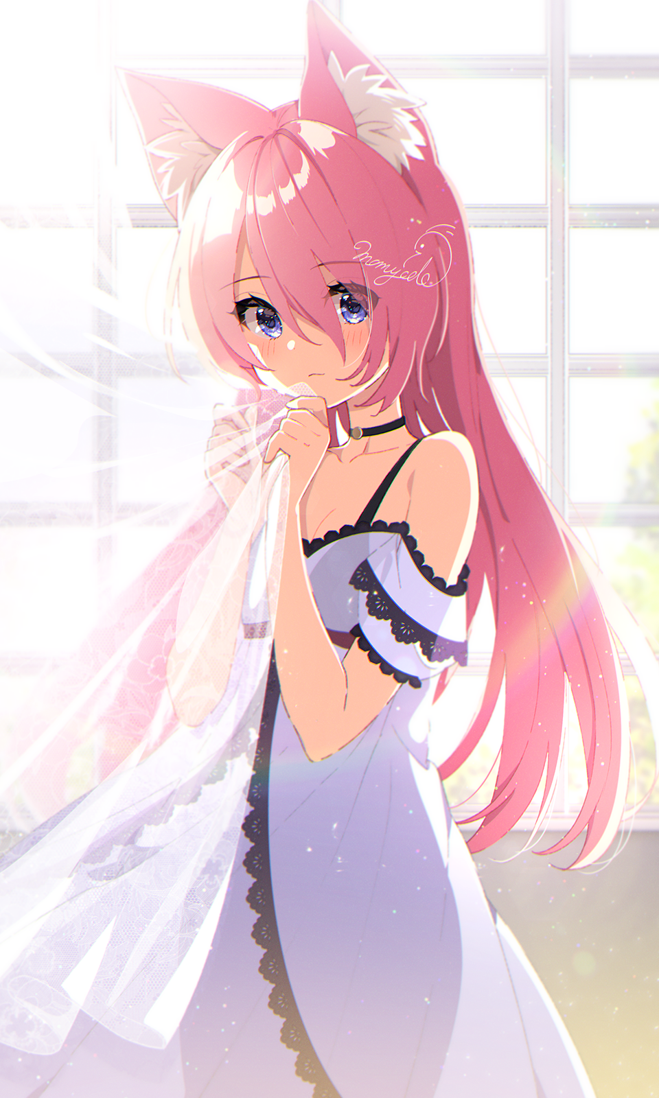 1girl animal_ear_fluff animal_ears black_bra blue_eyes bra breasts choker commission curtains highres light_smile lingerie long_hair mamyouda negligee pink_hair see-through_silhouette small_breasts sunlight underwear vrchat window