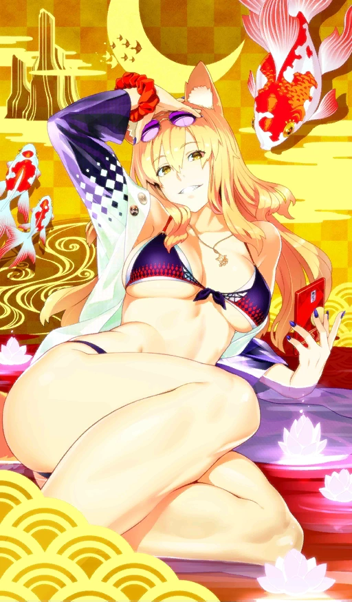 1girl animal_ears bare_legs bikini blonde_hair breasts breasts_apart cellphone checkered checkered_background craft_essence crescent eyewear_on_head fate/grand_order fate_(series) fish flower fox_ears grin iphone jacket jewelry legs long_hair looking_at_viewer lotus medium_breasts necklace official_art phone purple_bikini red_scrunchie scrunchie seigaiha shaka_p smartphone smile solo suzuka_gozen_(fate) swimsuit thighs water wrist_scrunchie yellow_background yellow_eyes