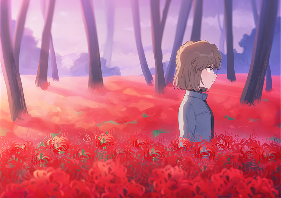 1girl black_shirt blue_jacket brown_hair closed_mouth day field flower flower_field haibara_ai jacket meitantei_conan outdoors profile red_flower shiny shiny_hair shirt short_hair solo zarutsu