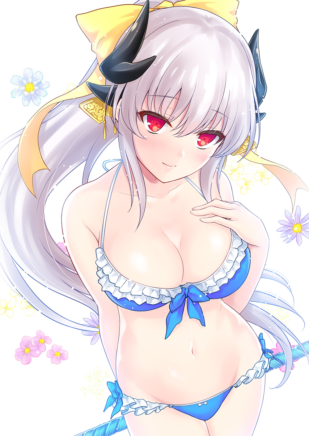 1girl akino_subaru bikini breasts fate/grand_order fate_(series) floral_background hand_on_own_chest highres horns kiyohime_(fate/grand_order) kiyohime_(swimsuit_lancer)_(fate) large_breasts navel polearm ponytail red_eyes smile spear swimsuit weapon white_hair