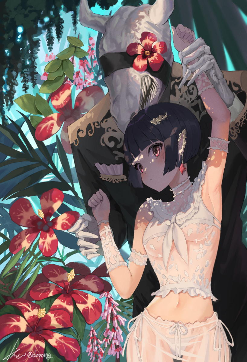 1girl 1other arm_up armpits artist_name bandaged_arm bandages bangs black_hair black_jacket blunt_bangs blush breasts camellia clothing_request commentary cowboy_shot detached_sleeves dopoing dress ear_piercing earrings elf flower gloves hair_ornament hairclip hand_up heart heart_hair_ornament hibiscus highres jacket jewelry jungle lace lingerie medium_breasts nature navel negligee original panties piercing plant pointy_ears red_eyes red_flower ribbon see-through see-through_shorts see-through_sleeves sharp_teeth short_hair side-tie_panties signature skull stomach summer tagme teeth tree underwear white_dress white_gloves white_panties white_ribbon wrist_grab