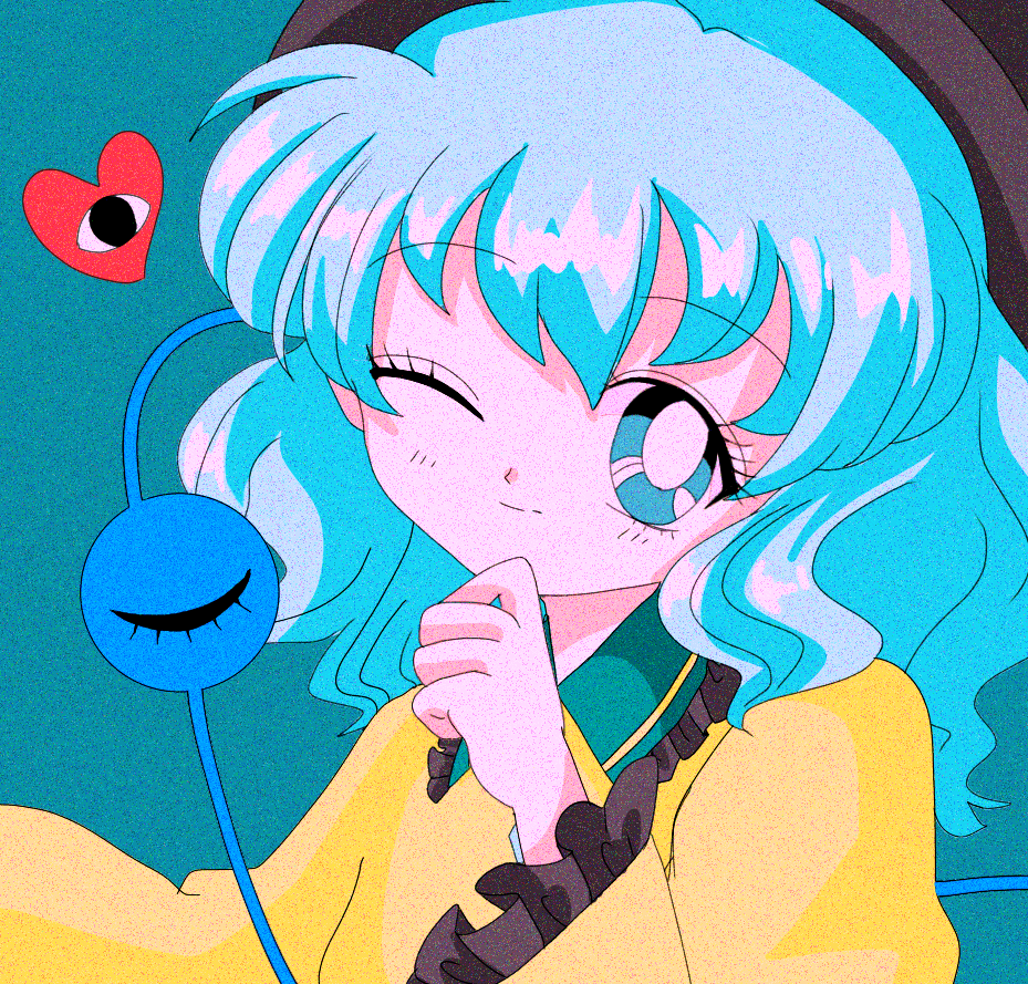 1990s_(style) ;) blue_hair collared_shirt eyeball eyebrows_visible_through_hair frilled_sleeves frills green_eyes green_hair hanadi_detazo hat heart komeiji_koishi long_sleeves one_eye_closed shirt simple_background smile third_eye touhou wavy_hair wide_sleeves yellow_shirt