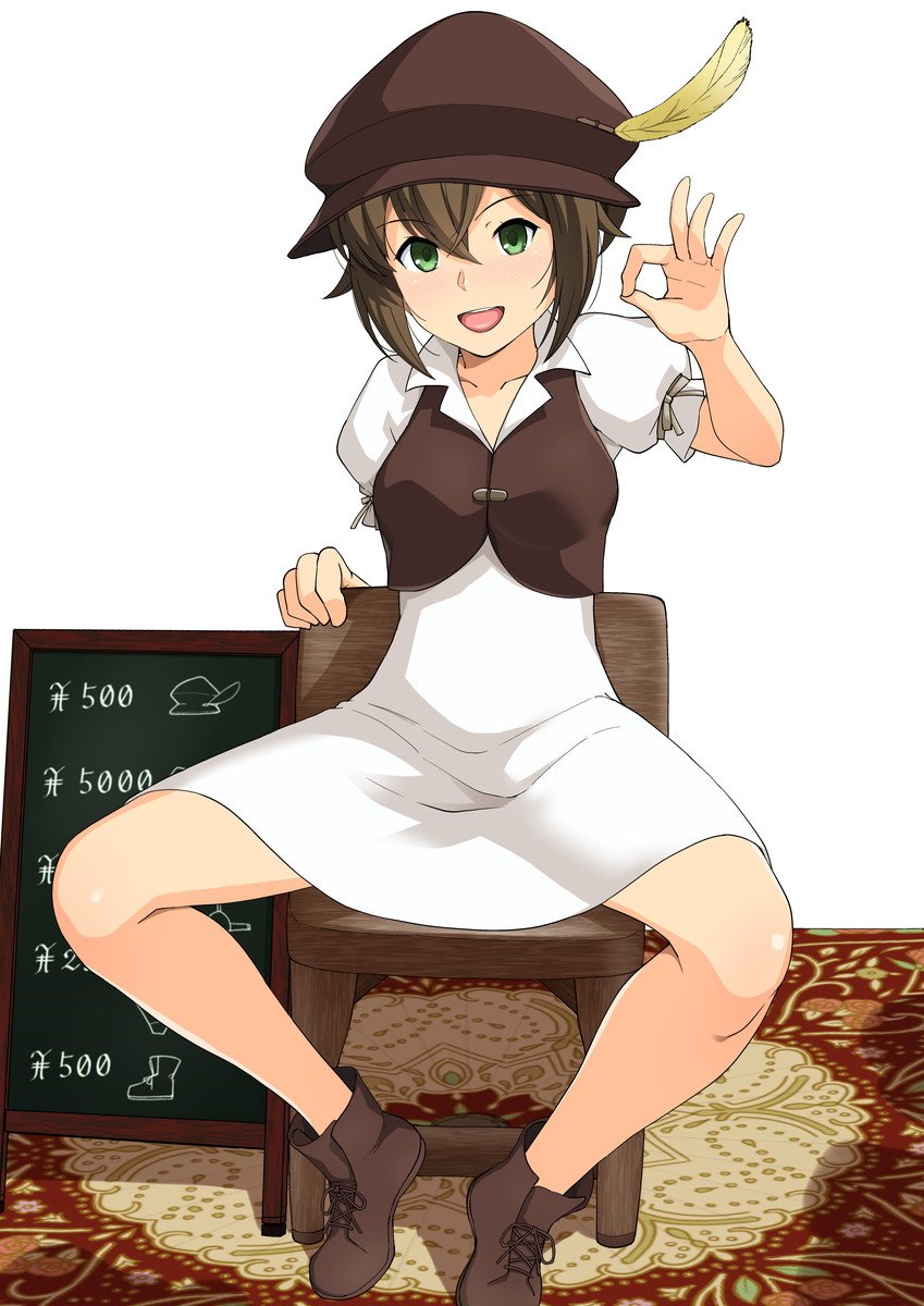 1girl brown_footwear brown_hair carpet dress feathers green_eyes haruhisky hat hat_ornament highres octopath_traveler ok_sign open_mouth price_list shoes short_dress short_hair sitting solo tressa_(octopath_traveler) wooden_chair