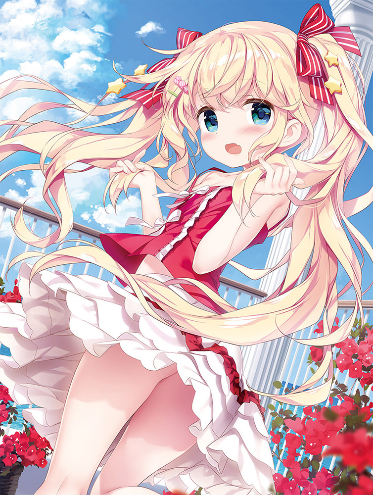 1girl blonde_hair blue_eyes blush candy_hair_ornament clouds column fang floating_hair flower food_themed_hair_ornament frilled_skirt frills hair_ornament hair_ribbon holding holding_hair kimishima_ao long_hair looking_at_viewer open_mouth original pillar red_ribbon ribbon skin_fang skirt sky solo star_(symbol) star_hair_ornament striped striped_ribbon twintails twisted_torso very_long_hair white_skirt