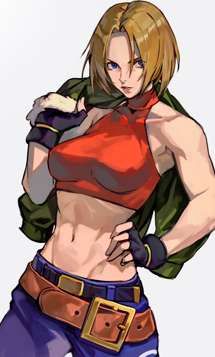 1girl belt blonde_hair blue_eyes blue_mary breasts crop_top fatal_fury fingerless_gloves gloves hand_on_hip highres jacket jacket_on_shoulders midriff navel short_hair solo uncle_rabbit_ii