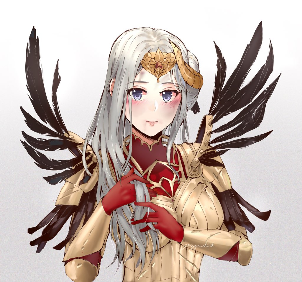 1girl arm_guards armor blush boobplate breastplate broken_armor dirty edelgard_von_hresvelg enzymelink feathers fire_emblem fire_emblem:_three_houses fire_emblem:_three_houses fire_emblem_16 fire_emblem_heroes gloves grey_background hair_down horned_headwear intelligent_systems lavender_eyes looking_at_viewer nintendo red_gloves silver_hair solo super_smash_bros. tiara timeskip upper_body