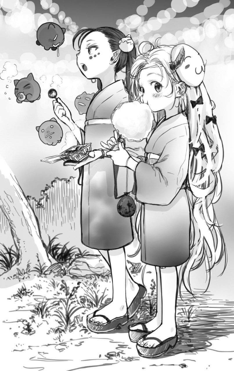 2girls :t blush bosako_(haguhagu) bow clog_sandals dango food from_side greyscale haguhagu_(rinjuu_circus) hair_bow highres horns japanese_clothes kimono long_hair looking_at_viewer monochrome multiple_girls obi open_mouth original sandals sash standing very_long_hair wagashi