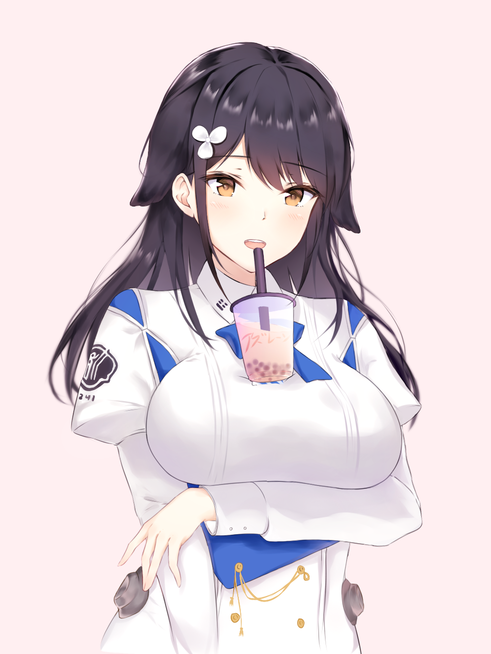 1girl adore_(adoredesu) arm_at_side arm_under_breasts azur_lane blue_neckwear breasts brown_eyes bubble_tea bubble_tea_challenge choukai_(azur_lane) drink drinking drinking_straw facing_viewer highres large_breasts long_hair looking_at_viewer military military_uniform naval_uniform object_on_breast open_mouth pink_background simple_background uniform upper_body white_uniform