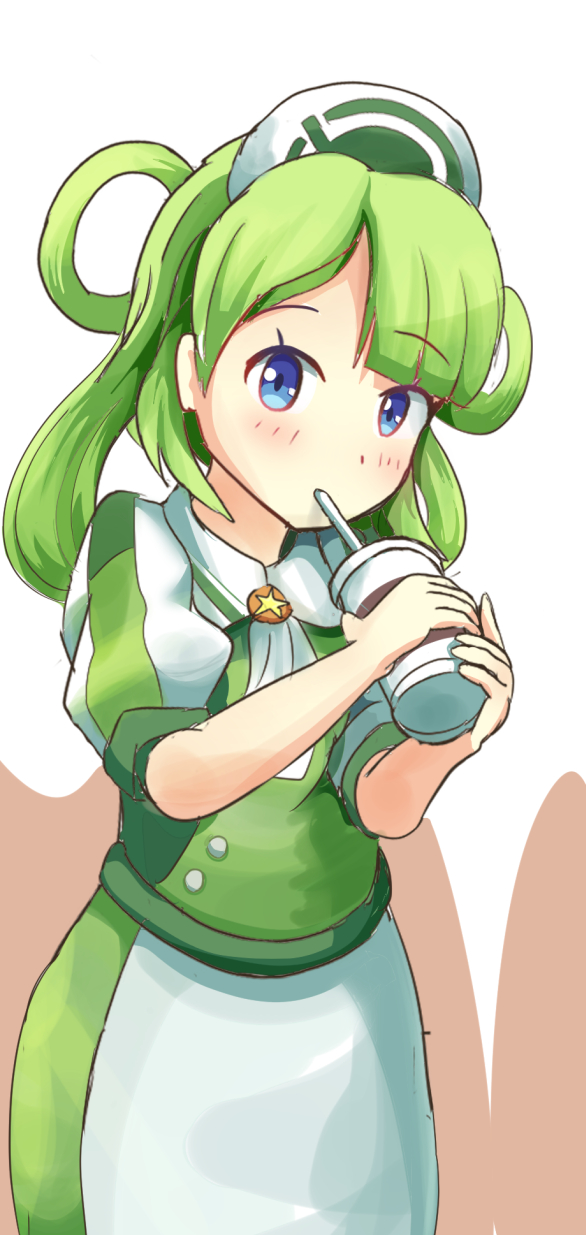 1girl blue_eyes blush cup disposable_cup drinking drinking_straw eyebrows_visible_through_hair green_hair hair_rings hat highres holding holding_cup kagotome long_hair looking_at_viewer nurse_cap pokemon pokemon_(game) pokemon_masters sakusa_(pokemon) short_sleeves simple_background solo standing upper_body